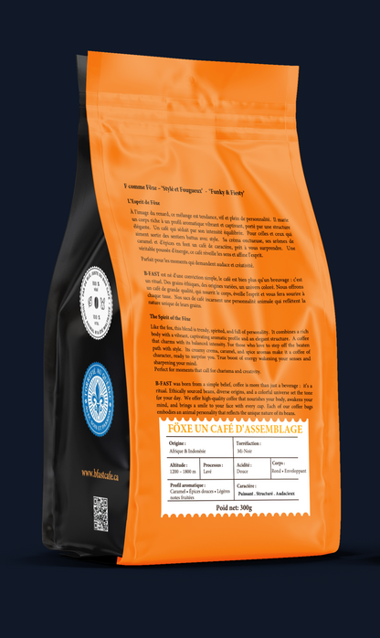 Föxe coffee blend from Africa and Indonesia, medium roast made in Quebec, caramel and spice aroma, 300g bag